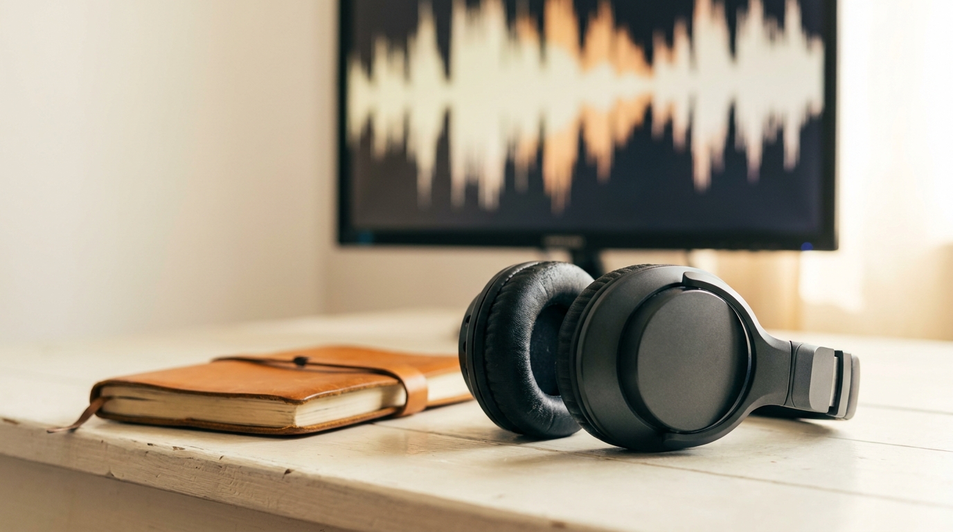 A pair of charcoal studio headphones on a wooden desk beside an amber notebook, with a soft-focus audio waveform behind