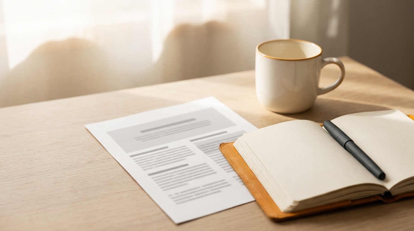 A printed document on a wooden desk beside a cream mug and an amber leather notebook
