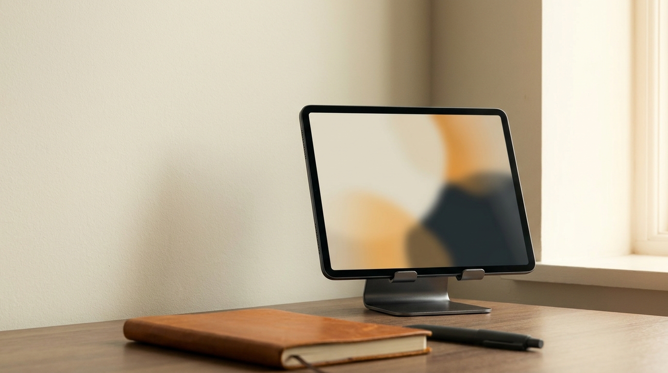 A tablet propped on a stand against a cream-painted wall, showing an abstract presentation slide